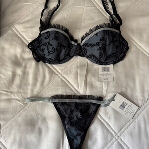 Rampage Elegant Black and Baby Blue Lace Lingerie Set. 34C bra- M Panty